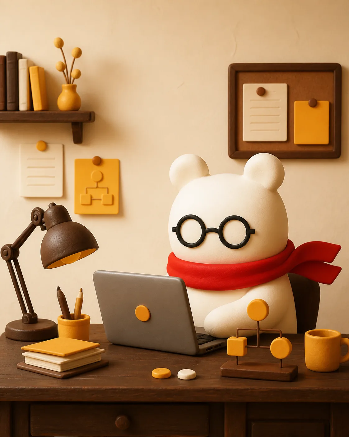 มาสคอตหมี Pooh สามมิติกำลังทำงานที่โต๊ะ