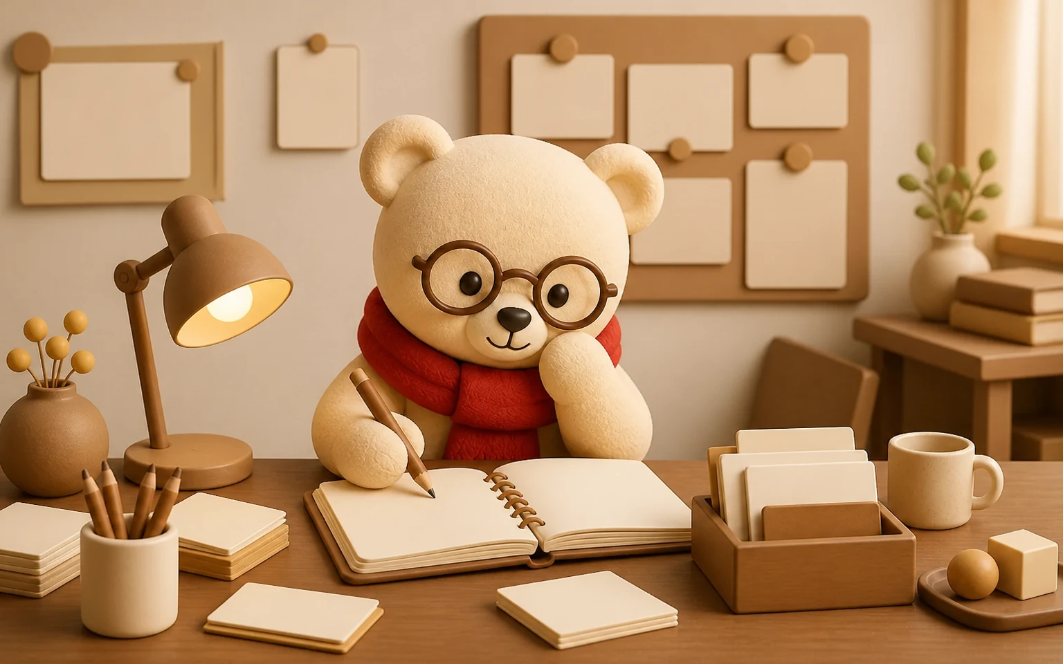 มาสคอตหมี Pooh สามมิติกำลังเขียนบทความในสมุดบนโต๊ะทำงาน