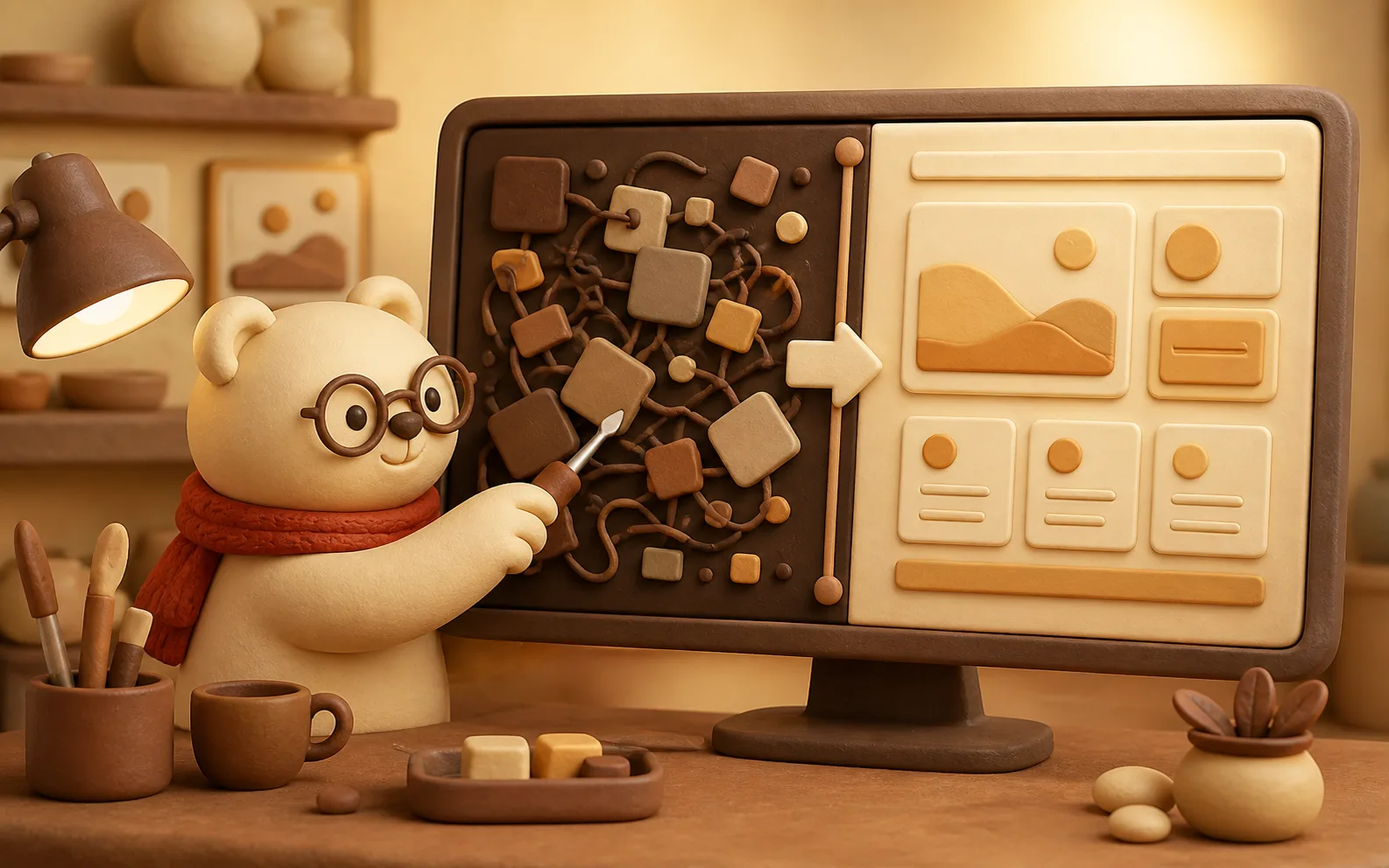 Three dimensional illustration of the Pooh mascot tidying up a messy website