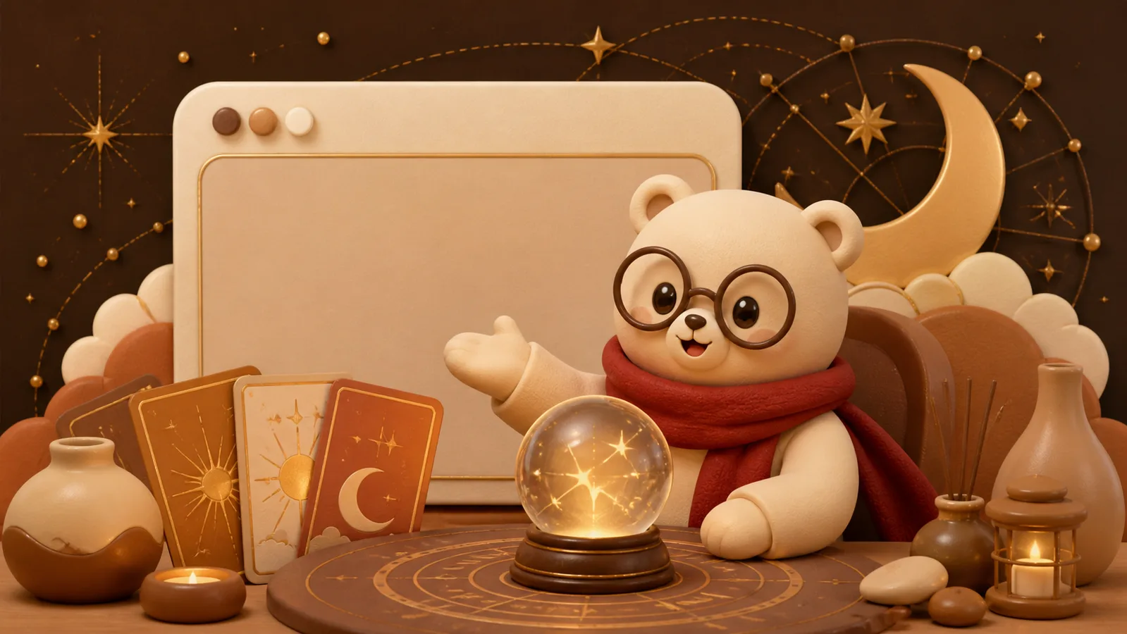 Three dimensional illustration of the Pooh mascot presenting an online fortune telling site