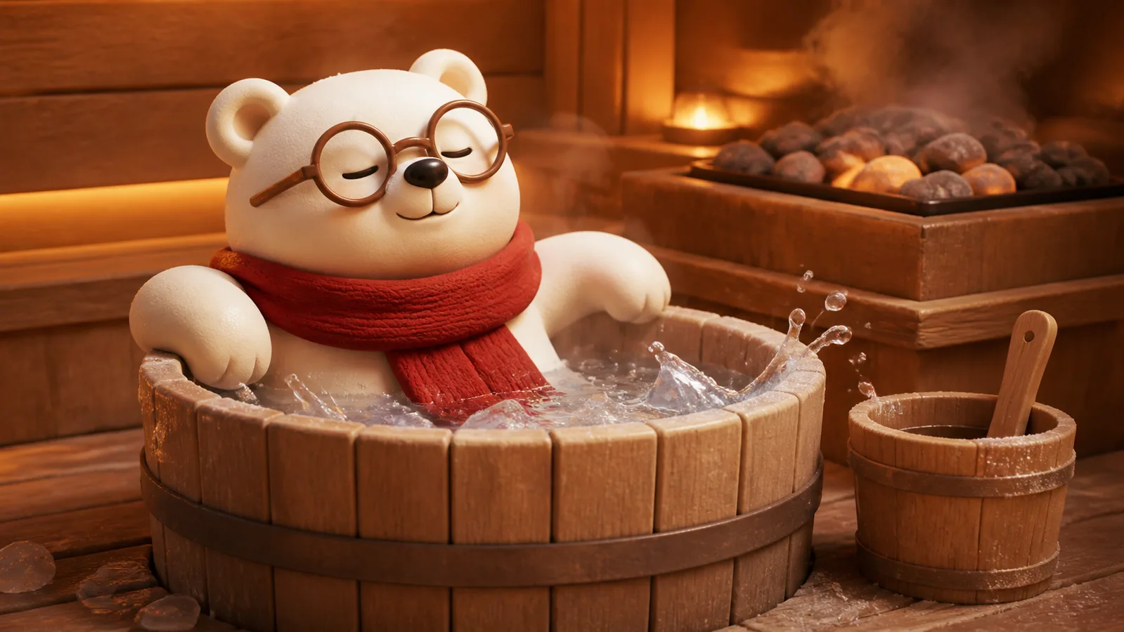 Three dimensional illustration of the Pooh mascot presenting the valasauna.com sauna website